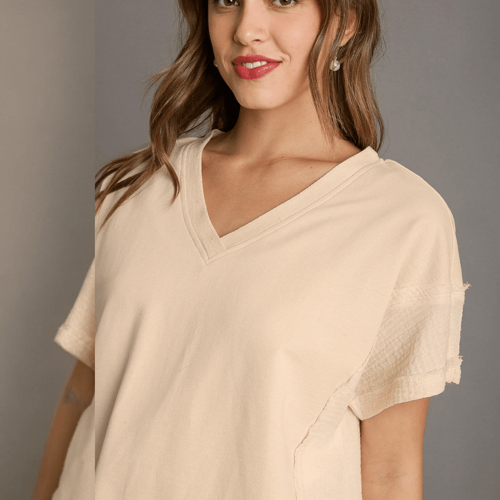 French Terry Boxy Cut V - Neck Top with Side Slits (2 colors) - 260 Broadway Boutique