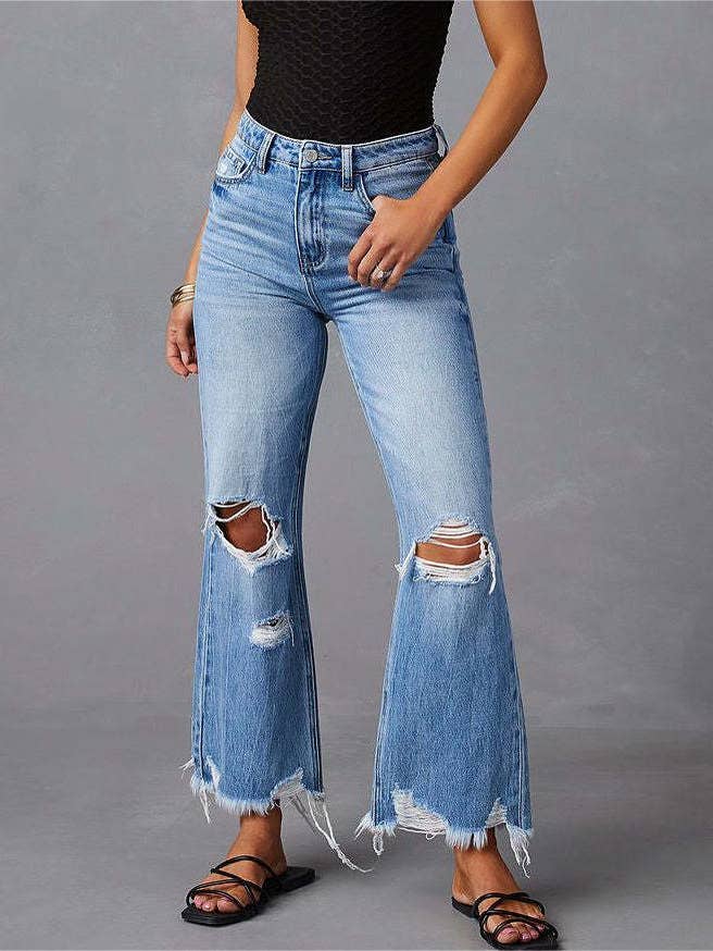 Fringed Washed Ripped Long Jeans - 260 Broadway Boutique