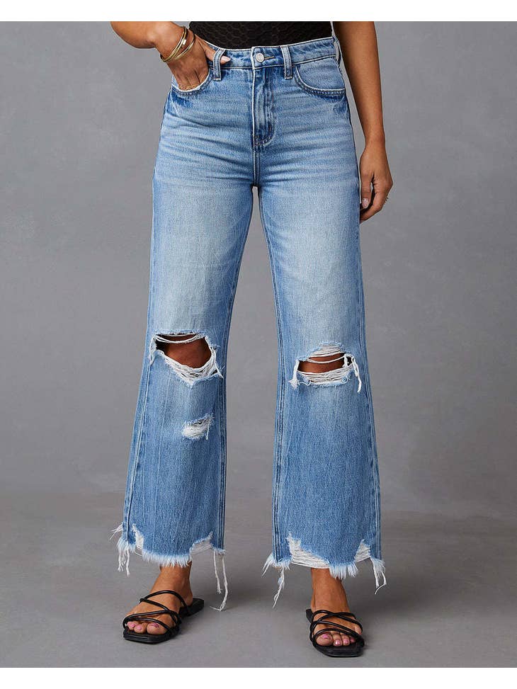 Fringed Washed Ripped Long Jeans - 260 Broadway Boutique