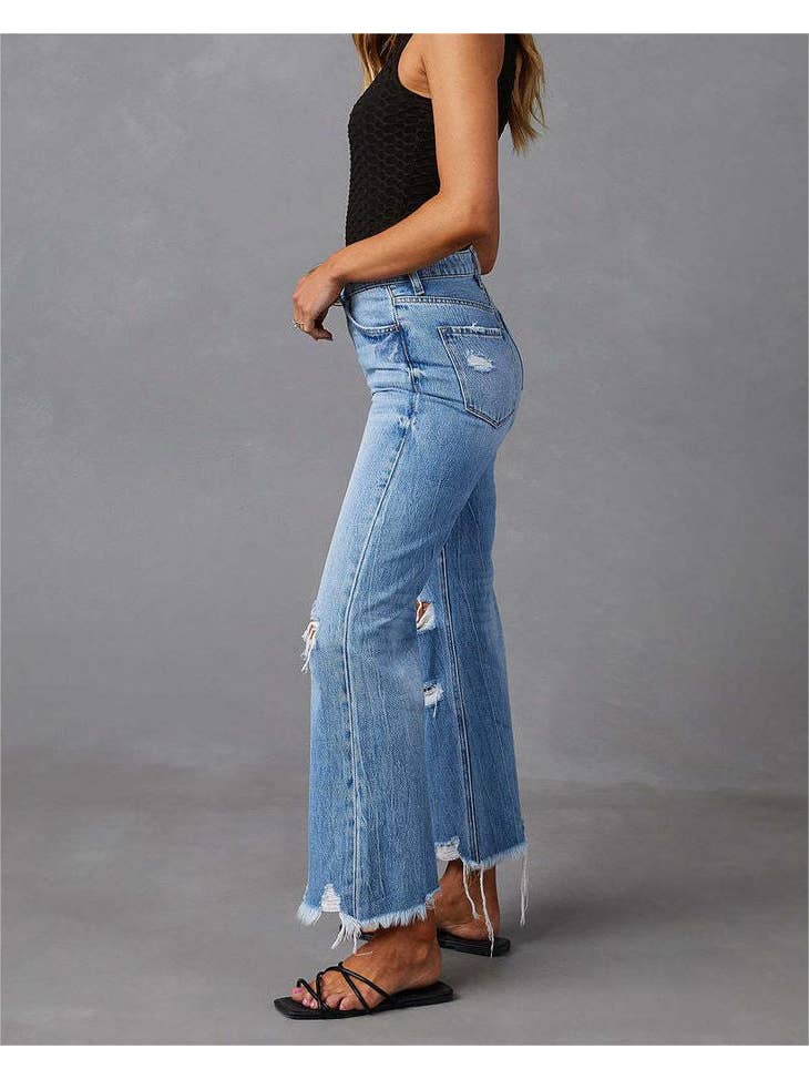 Fringed Washed Ripped Long Jeans - 260 Broadway Boutique