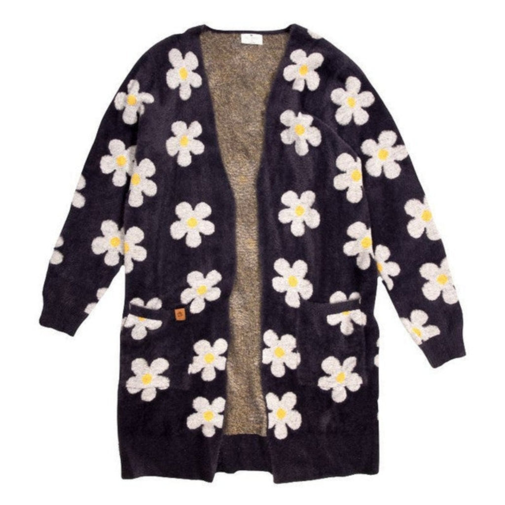 Fuzzy Daisy Print Long Cardigan - 260 Broadway Boutique