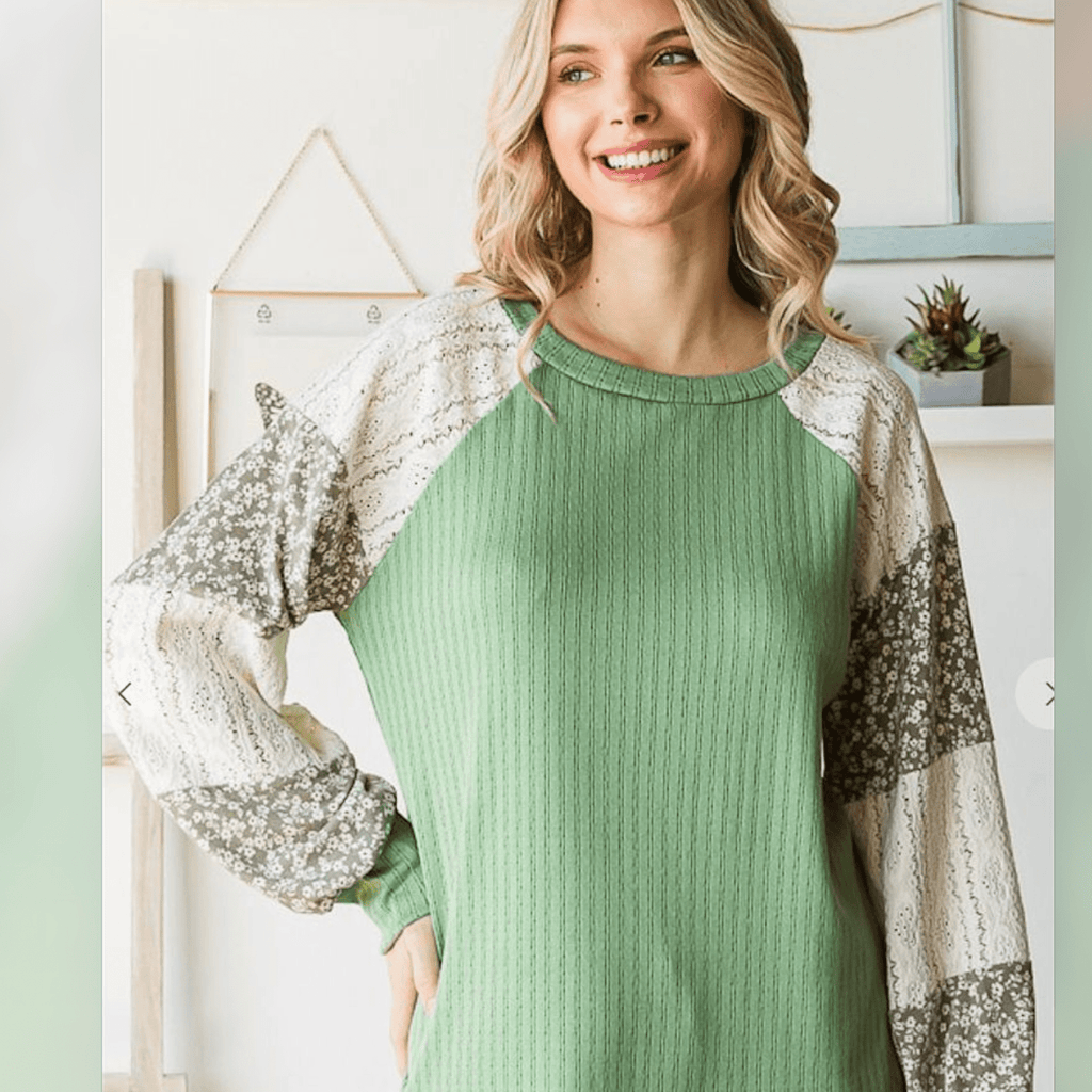 Green Color Block Floral & Lace Sleeve Top - 260 Broadway Boutique