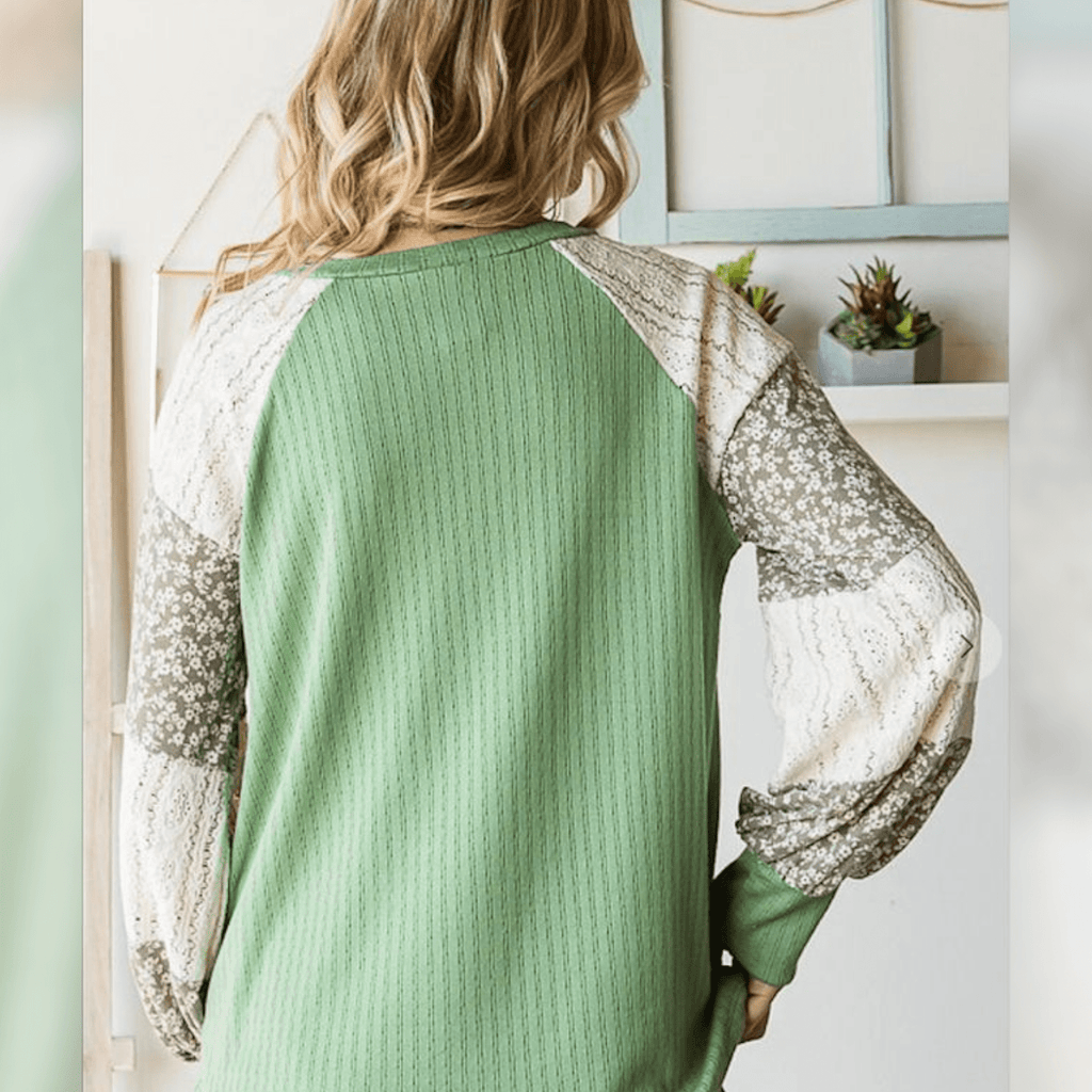 Green Color Block Floral & Lace Sleeve Top - 260 Broadway Boutique