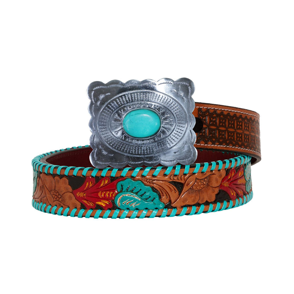 Hand - Tooled Leather Belt w/Stone Buckle - 260 Broadway Boutique