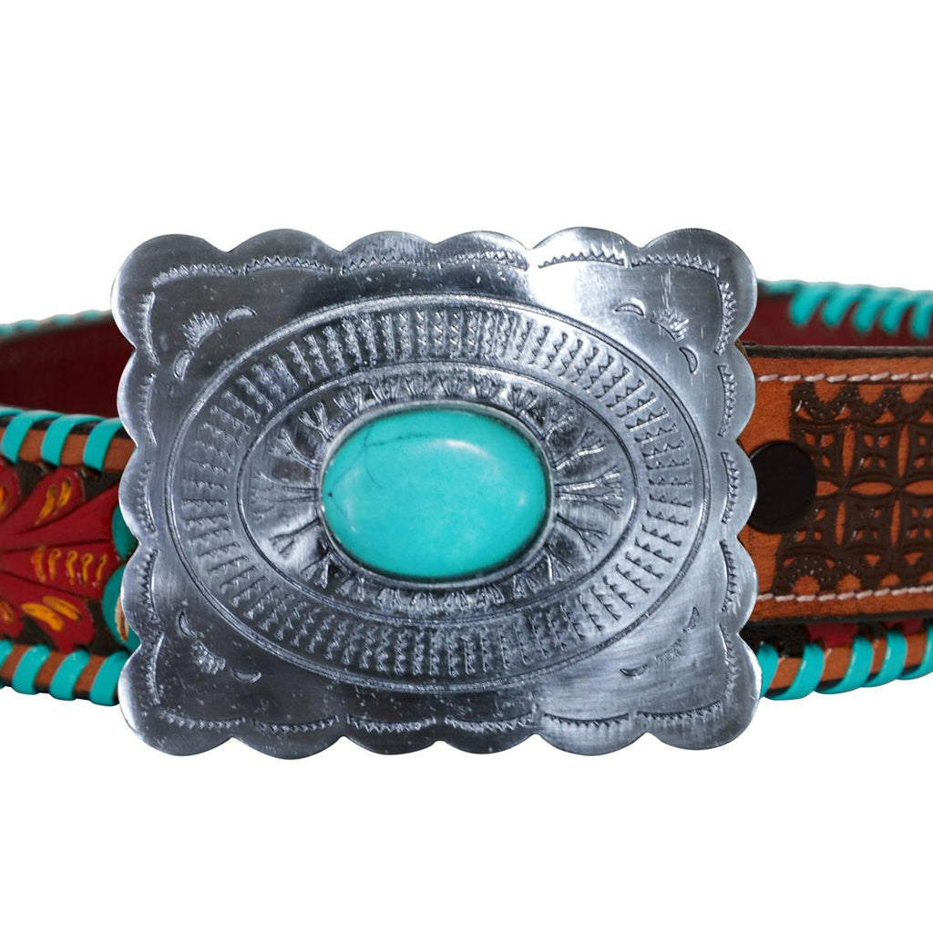 Hand - Tooled Leather Belt w/Stone Buckle - 260 Broadway Boutique