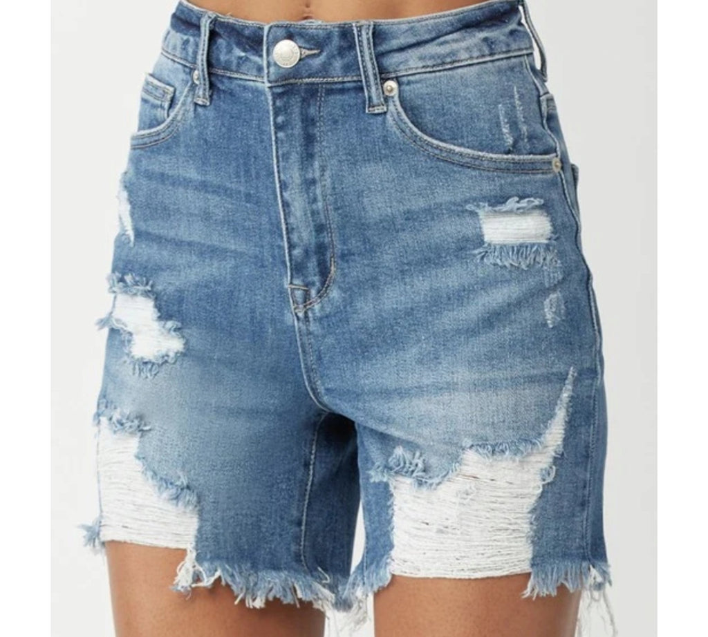 High Rise Distressed Mid Thigh Shorts - 260 Broadway Boutique