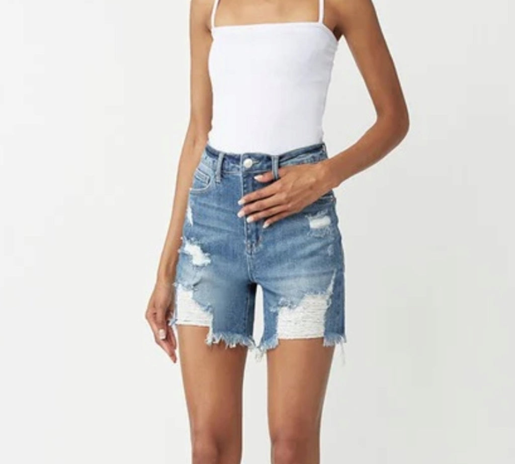 High Rise Distressed Mid Thigh Shorts - 260 Broadway Boutique