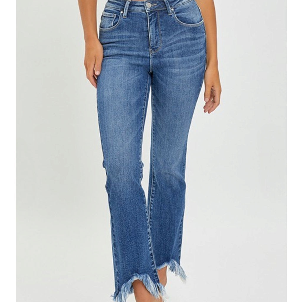 High Rise Fray Hem Ankle Bootcut Jeans - 260 Broadway Boutique