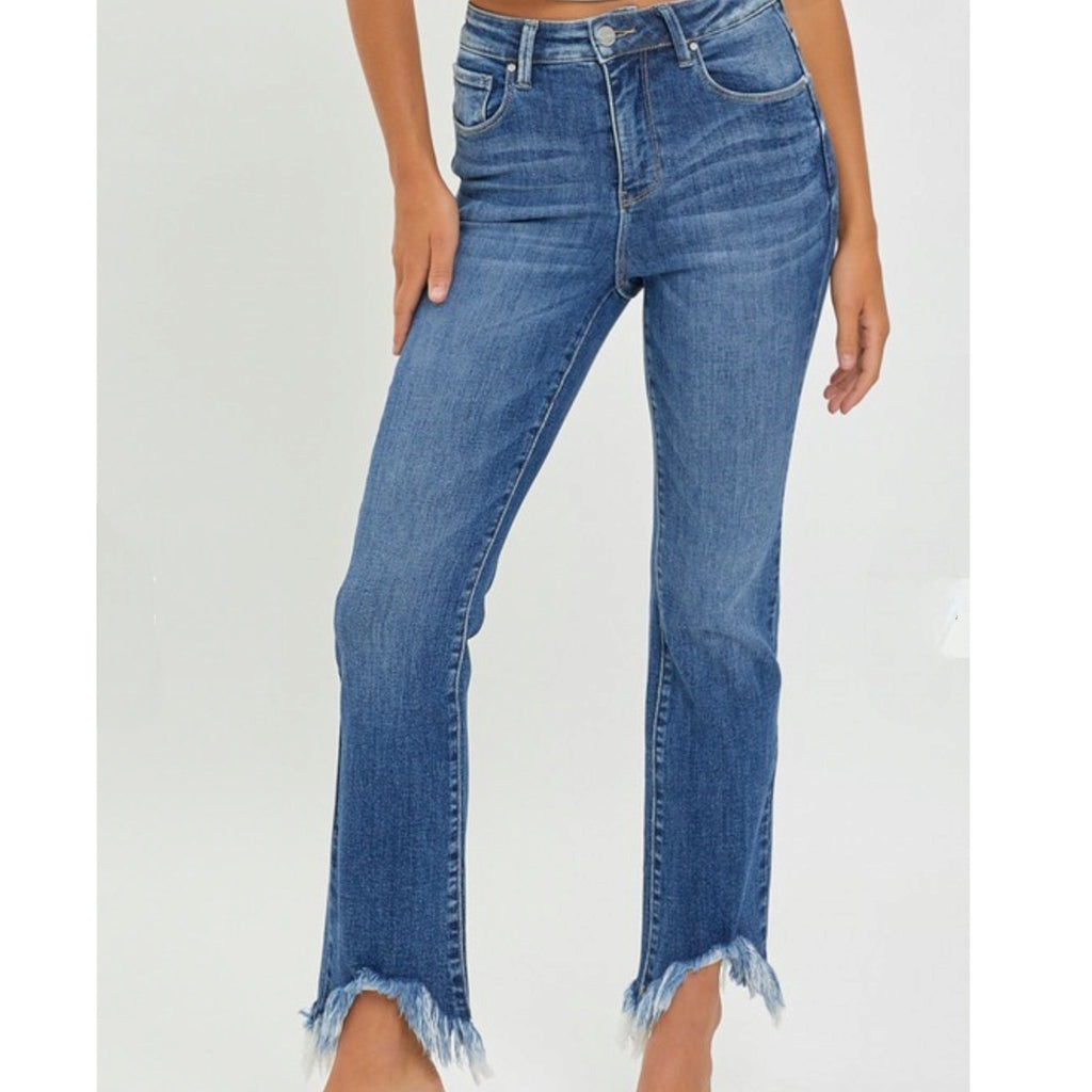 High Rise Fray Hem Ankle Bootcut Jeans - 260 Broadway Boutique