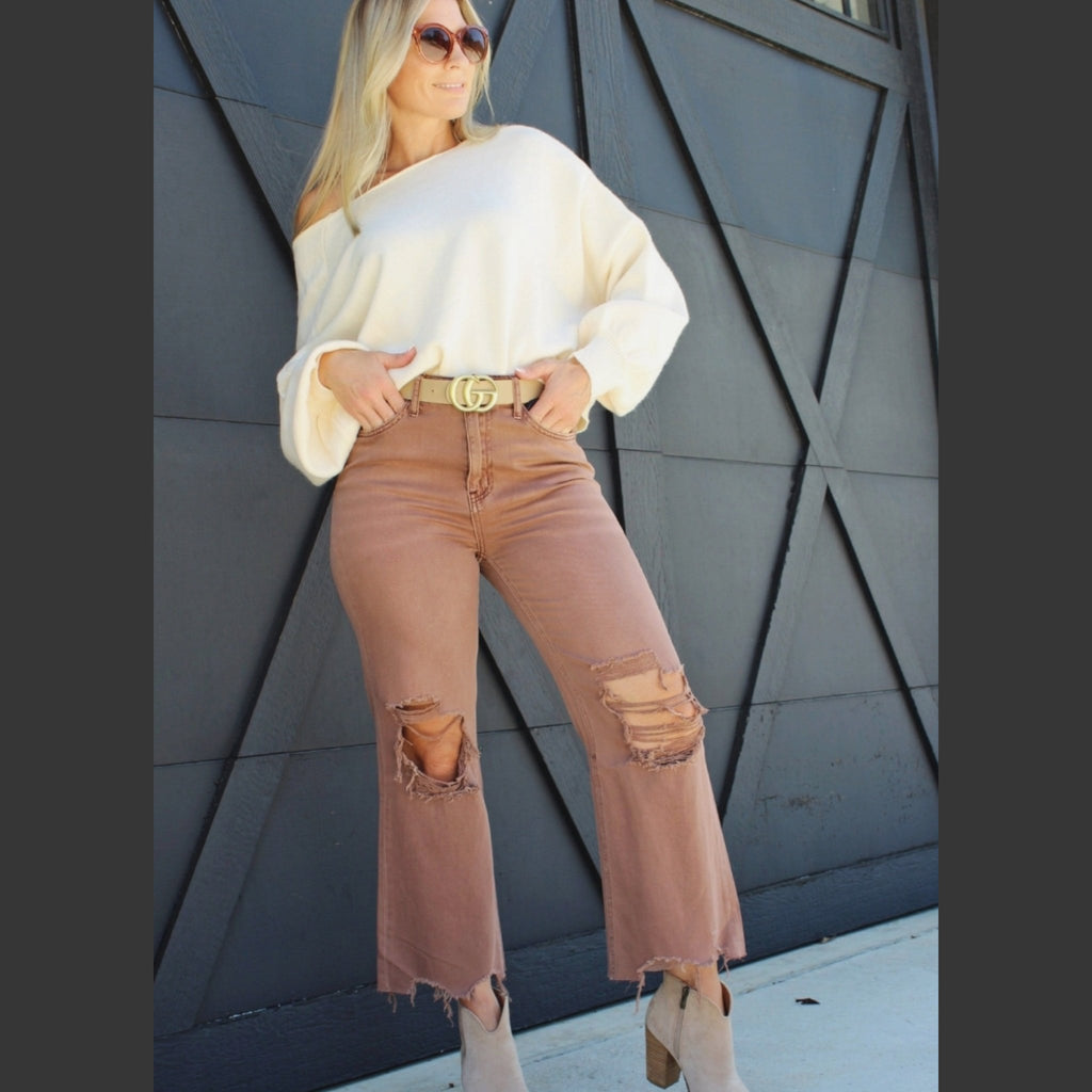 High Rise Knee Distressed Straight Pants (3 Colors) - 260 Broadway Boutique