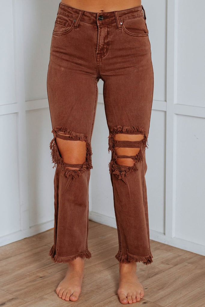 High Rise Knee Distressed Straight Pants (3 Colors) - 260 Broadway Boutique