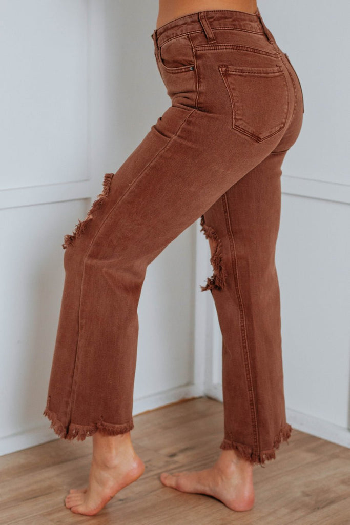 High Rise Knee Distressed Straight Pants (3 Colors) - 260 Broadway Boutique