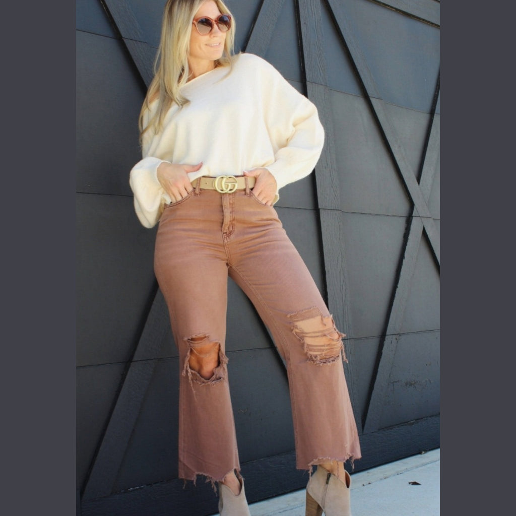 High Rise Knee Distressed Straight Pants (3 Colors) - 260 Broadway Boutique