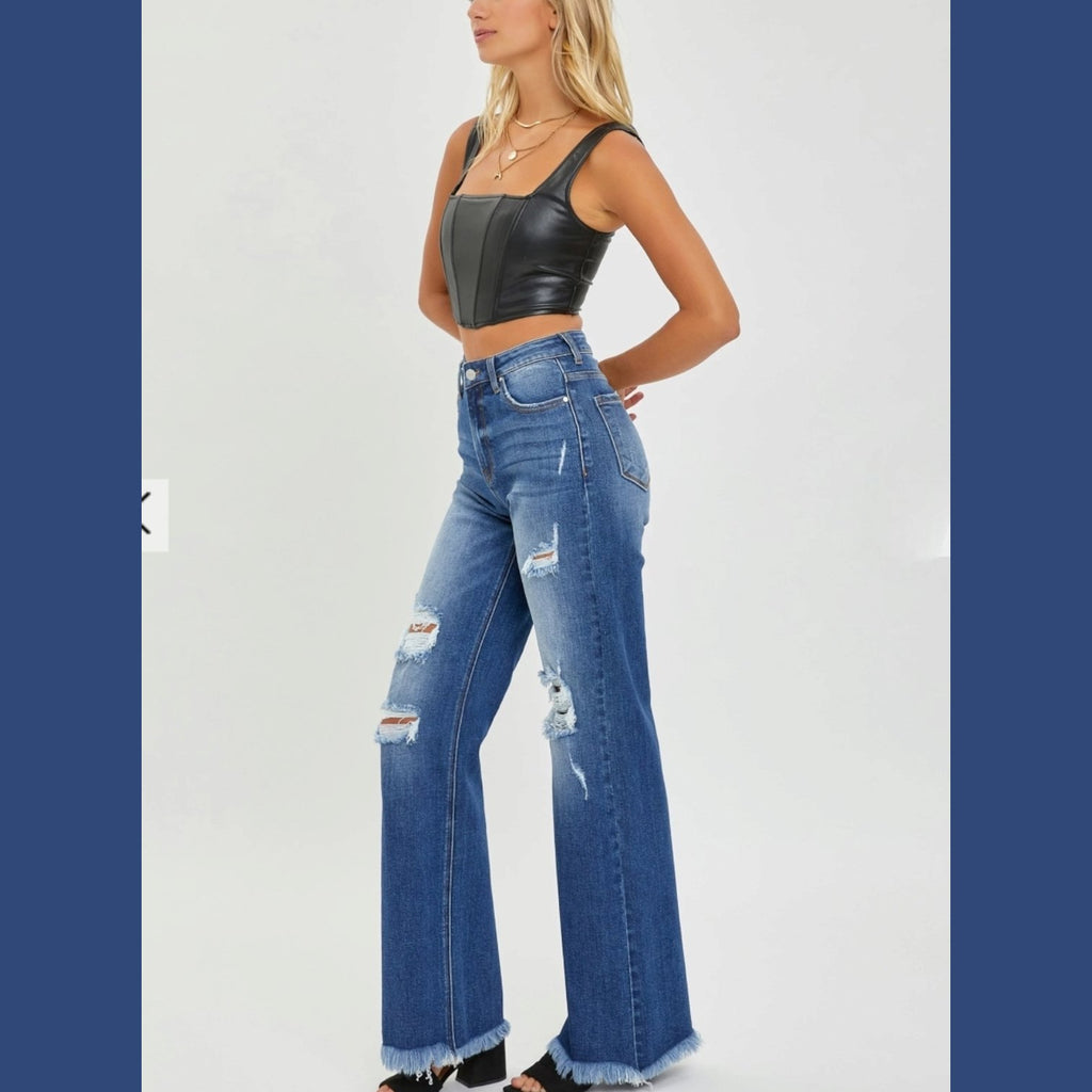 High Rise Knee Distressed Wide Straight Jeans - 260 Broadway Boutique