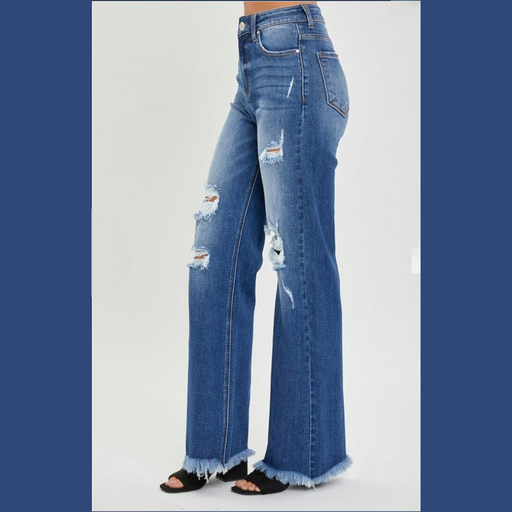 High Rise Knee Distressed Wide Straight Jeans - 260 Broadway Boutique