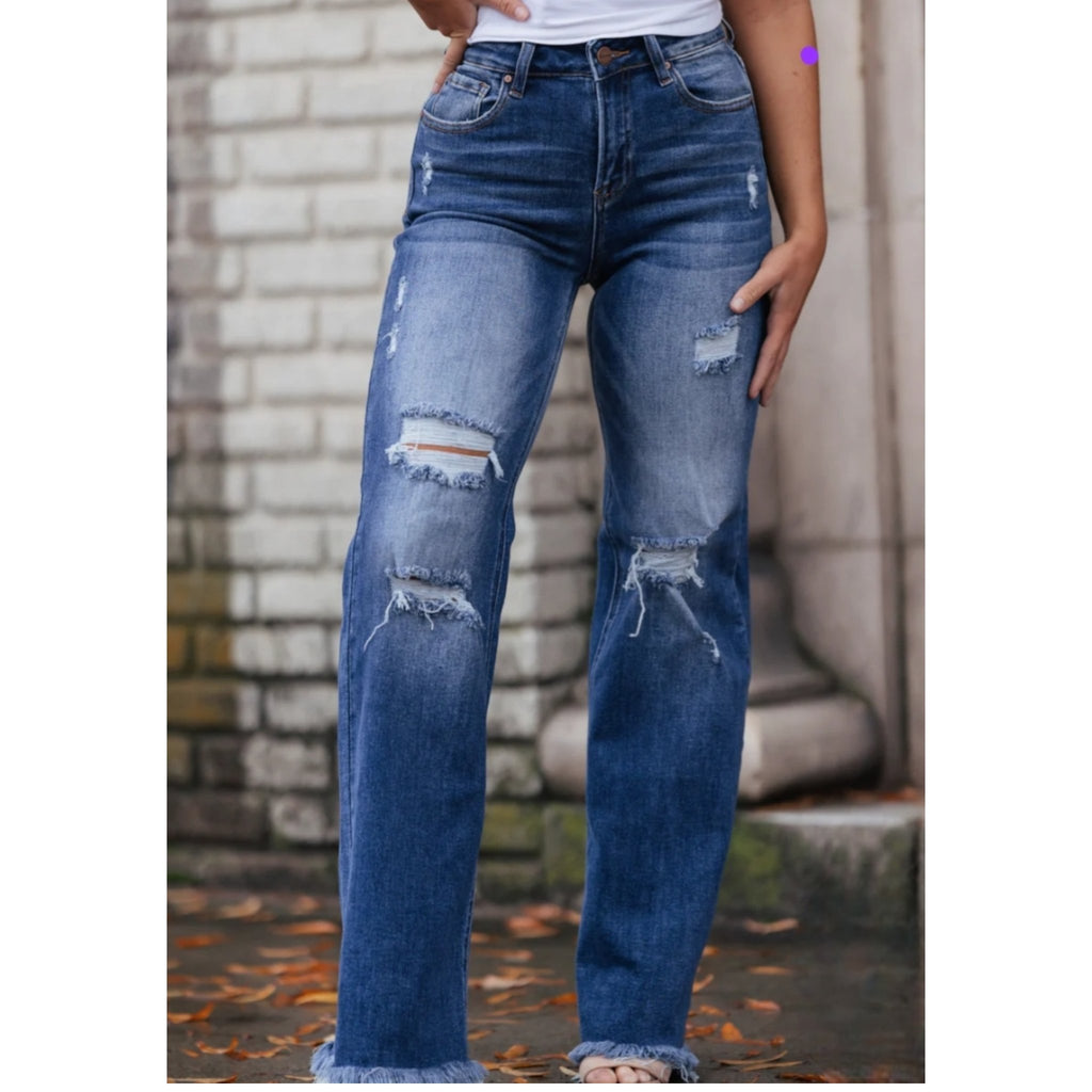 High Rise Knee Distressed Wide Straight Jeans - 260 Broadway Boutique