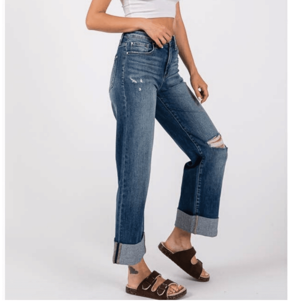 High Rise Loose - Straight W/Double Cuffed Hem Jeans - 260 Broadway Boutique