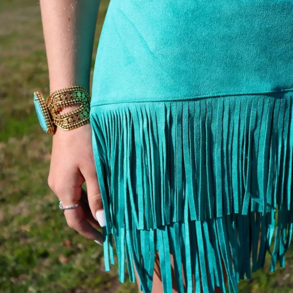 Holy Cow Vegan Suede Fringe Front Shorts - Turquoise - 260 Broadway Boutique