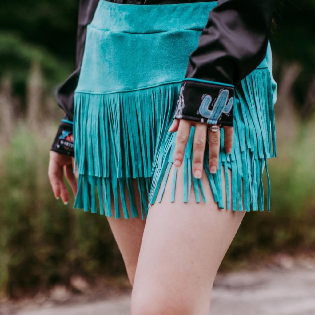 Holy Cow Vegan Suede Fringe Front Shorts - Turquoise - 260 Broadway Boutique