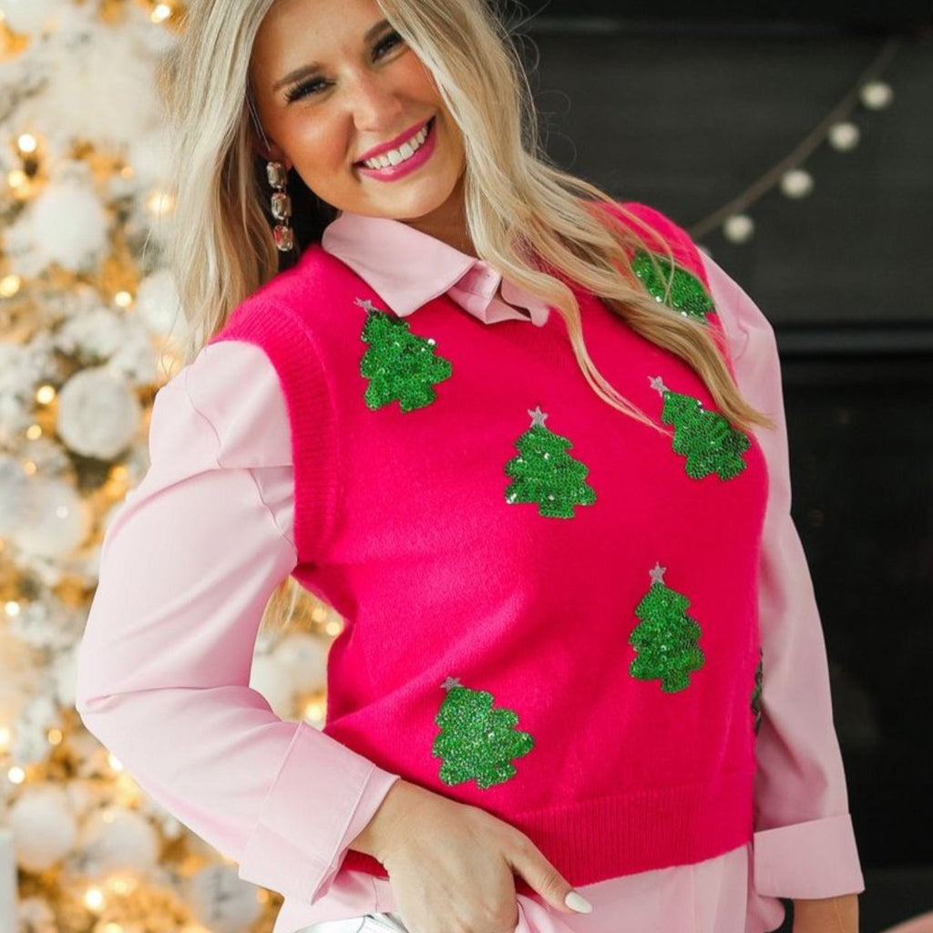 Hot Pink Sequins Tree Vest - 260 Broadway Boutique