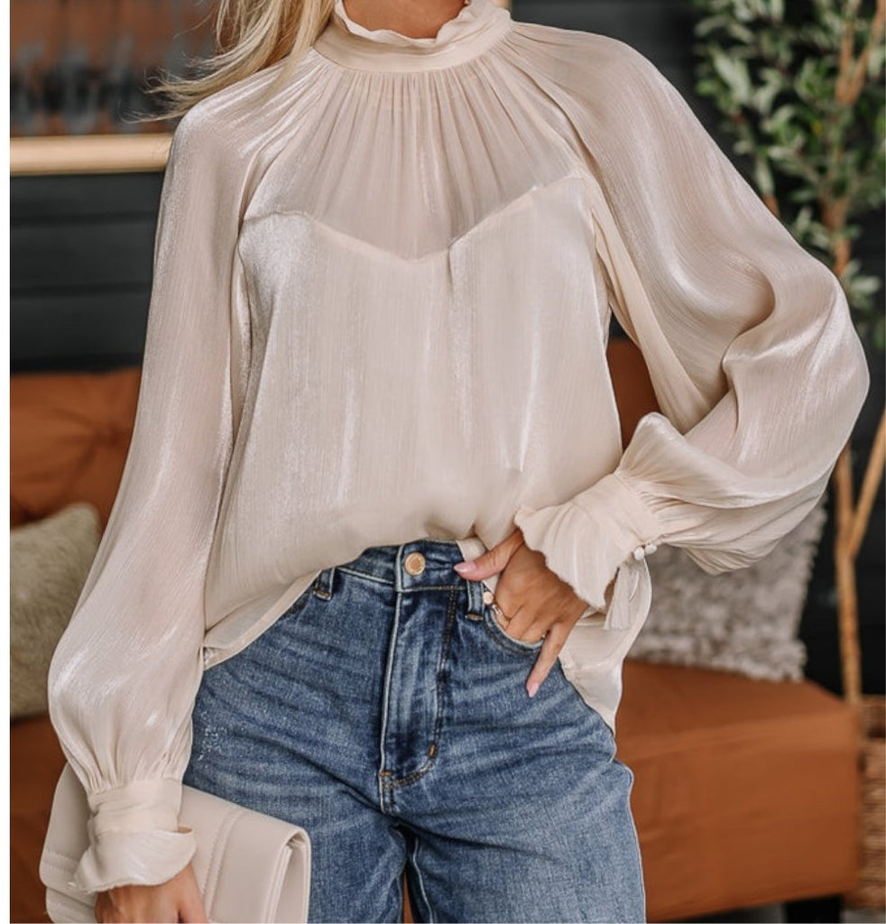 Illusion Sweetheart Ruffle Neck Long Sleeve Blouse (2 Colors) - 260 Broadway Boutique