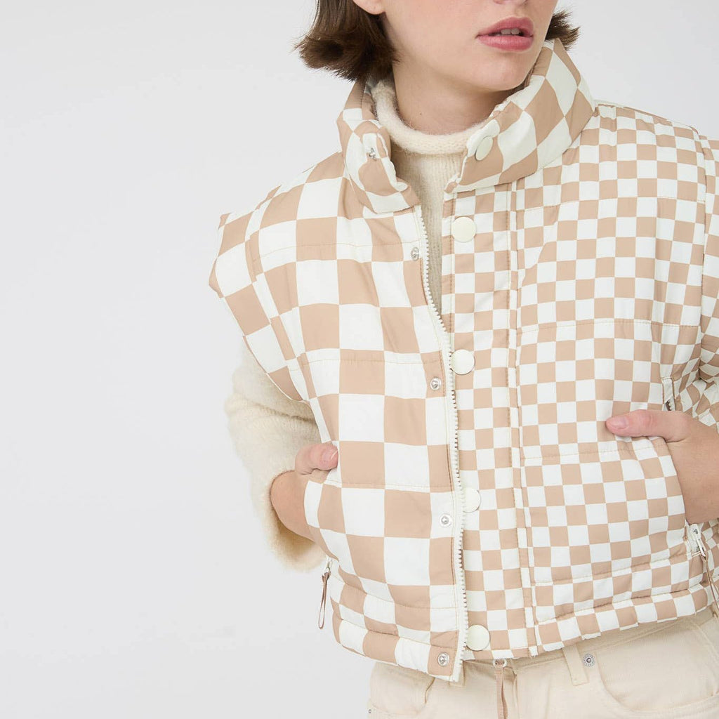 Khaki Checkered Cropeed Vest - 260 Broadway Boutique