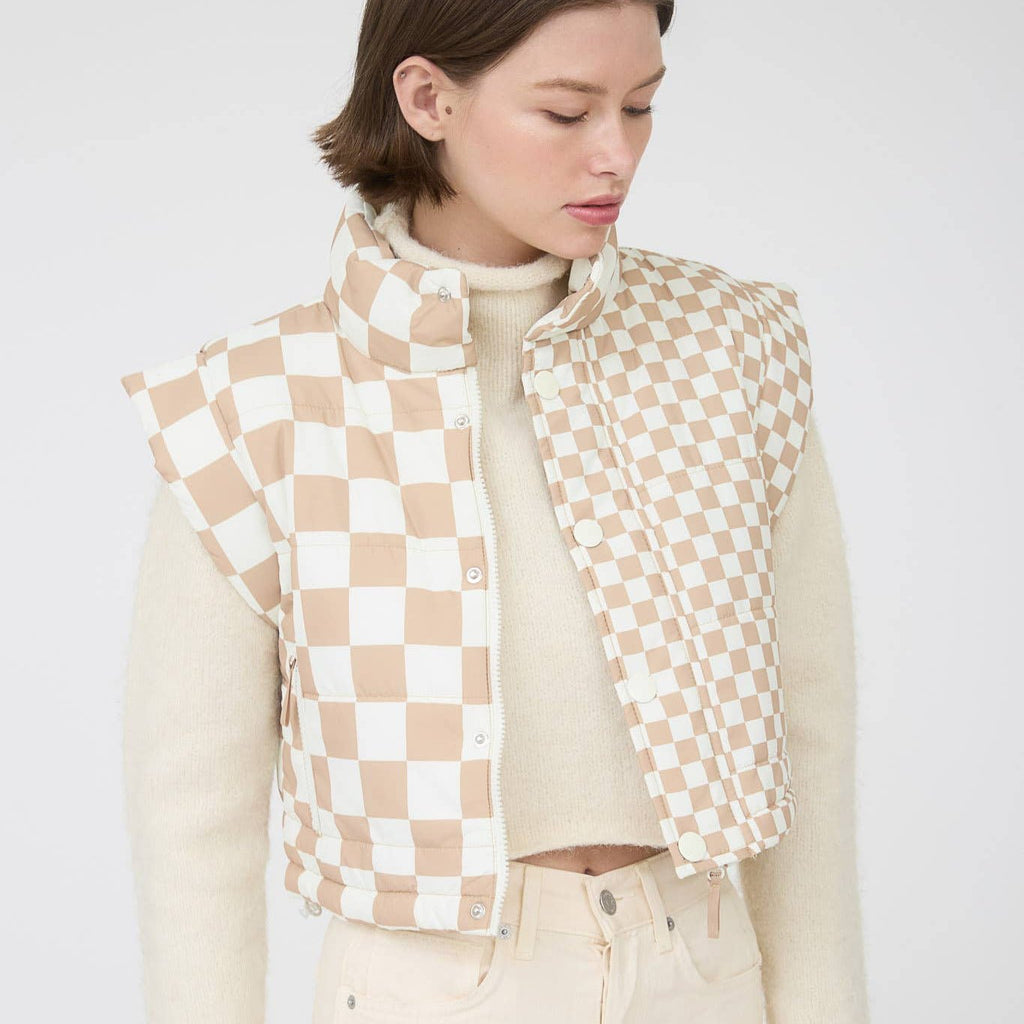 Khaki Checkered Cropeed Vest - 260 Broadway Boutique