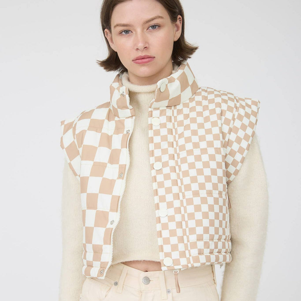 Khaki Checkered Cropeed Vest - 260 Broadway Boutique