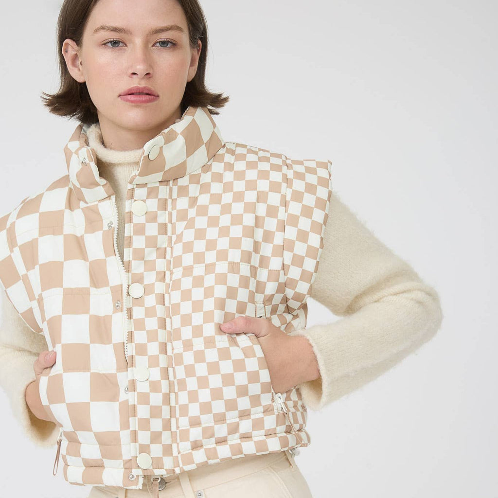 Khaki Checkered Cropeed Vest - 260 Broadway Boutique