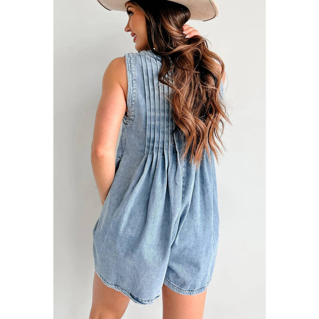 Ladies Tie Front V - Neck Sleeveless Denim Romper - 260 Broadway Boutique