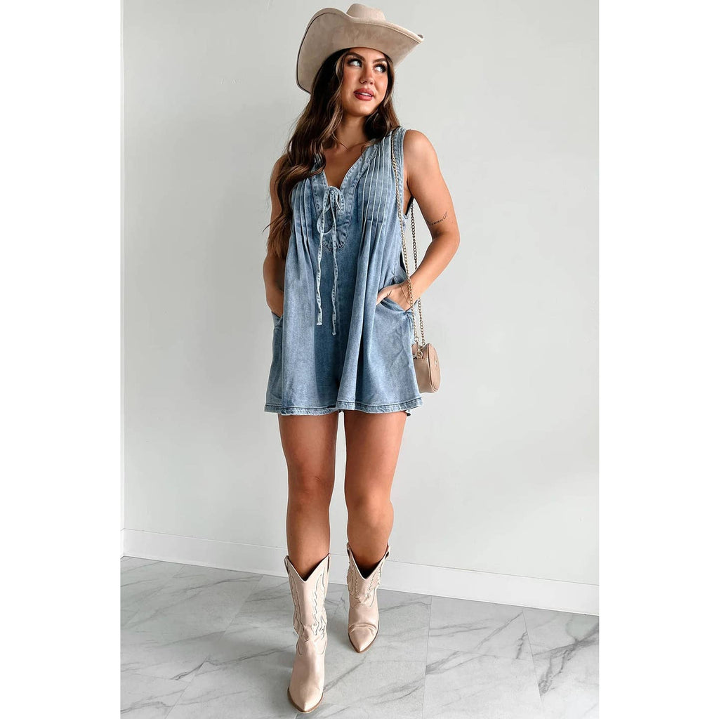 Ladies Tie Front V - Neck Sleeveless Denim Romper - 260 Broadway Boutique