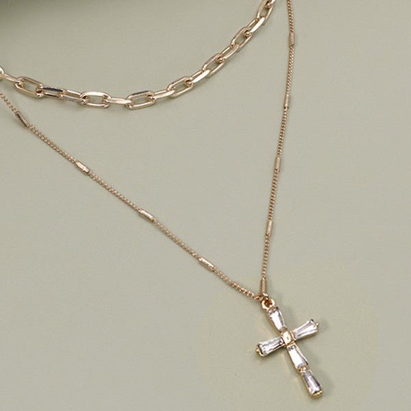 Layerd Gold Chain With Rhinestone Style Cross - 260 Broadway Boutique