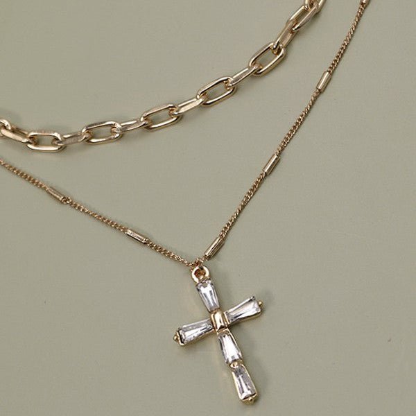 Layerd Gold Chain With Rhinestone Style Cross - 260 Broadway Boutique