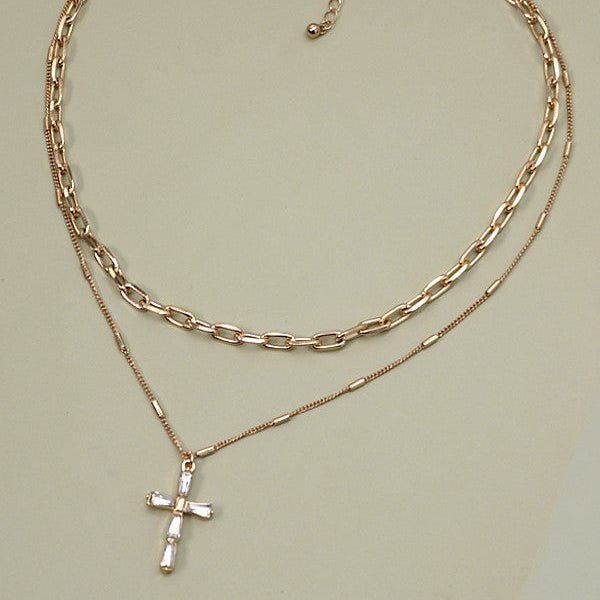 Layerd Gold Chain With Rhinestone Style Cross - 260 Broadway Boutique