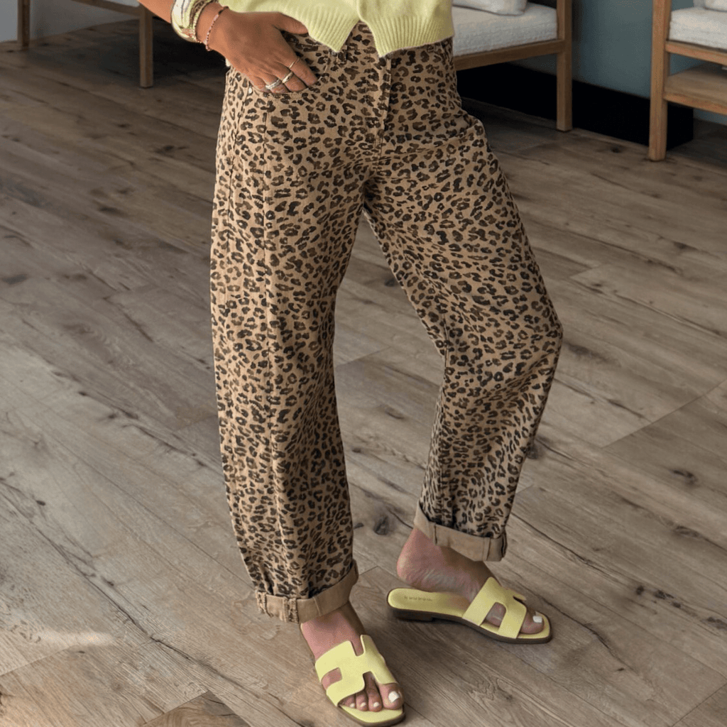 Leopard Print High Rise Barrel Cuffed Jeans - 260 Broadway Boutique