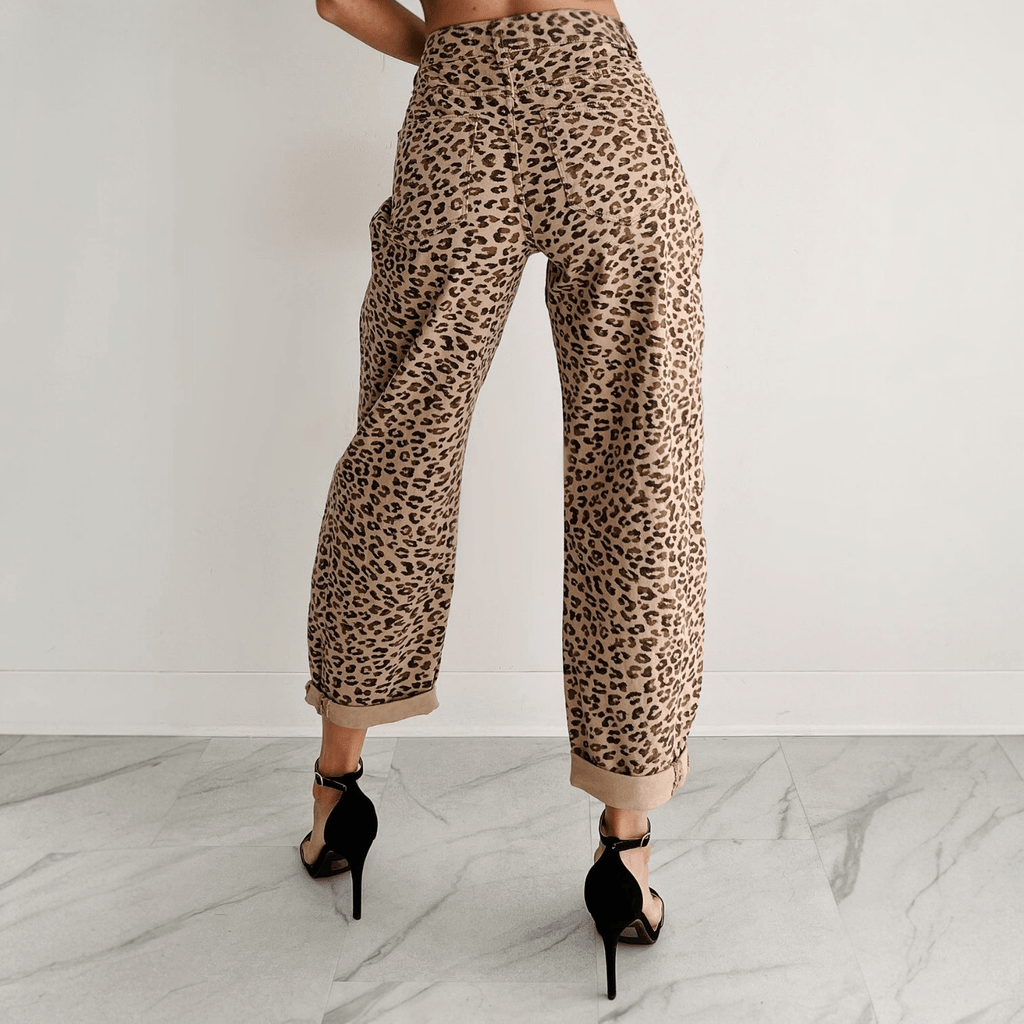 Leopard Print High Rise Barrel Cuffed Jeans - 260 Broadway Boutique