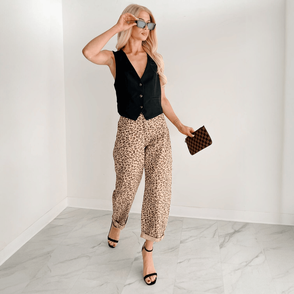 Leopard Print High Rise Barrel Cuffed Jeans - 260 Broadway Boutique