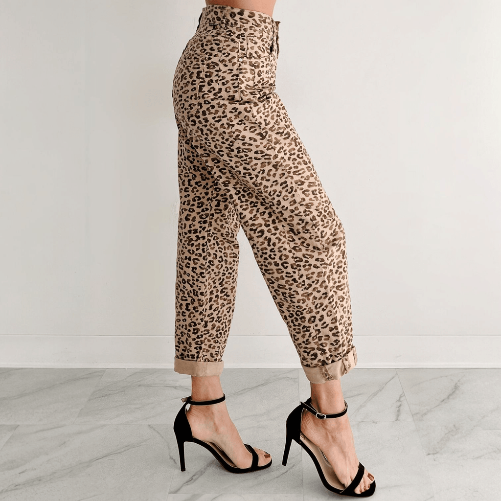 Leopard Print High Rise Barrel Cuffed Jeans - 260 Broadway Boutique