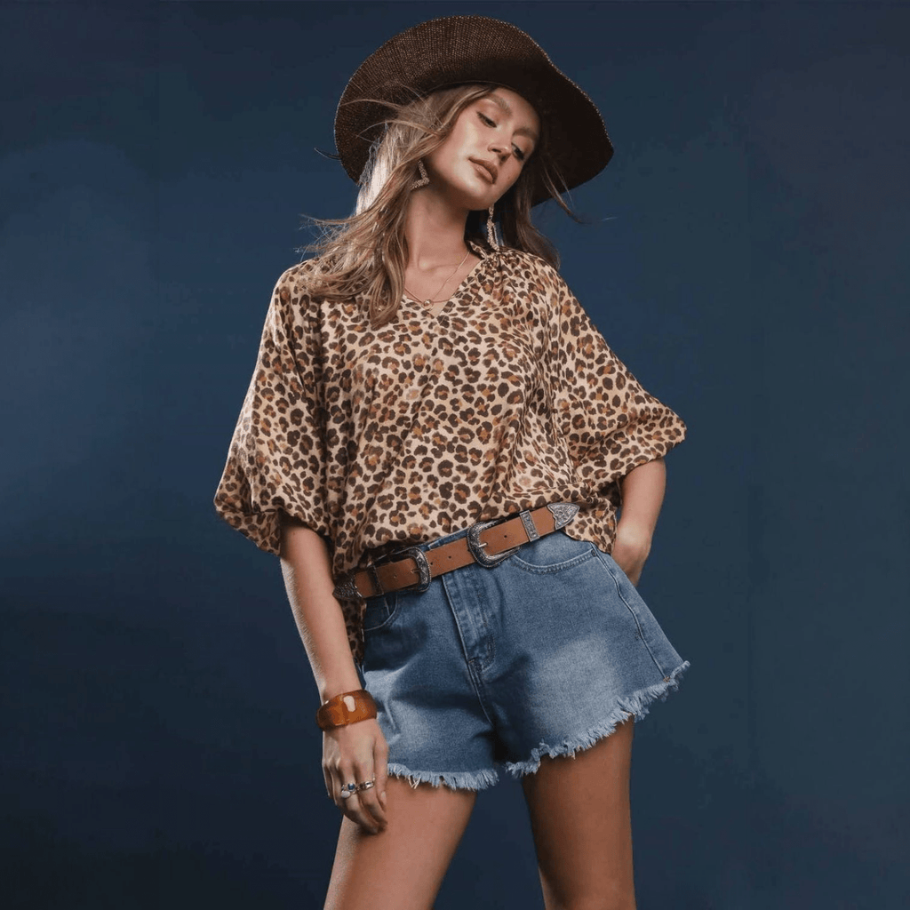 Leopard Print V Neck Balloon Short Sleeves Top - 260 Broadway Boutique