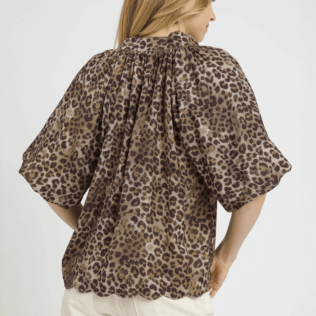 Leopard Print V Neck Balloon Short Sleeves Top - 260 Broadway Boutique