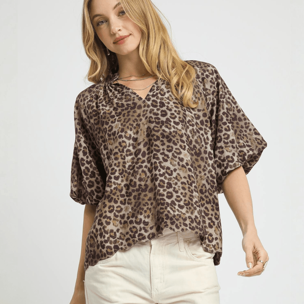 Leopard Print V Neck Balloon Short Sleeves Top - 260 Broadway Boutique