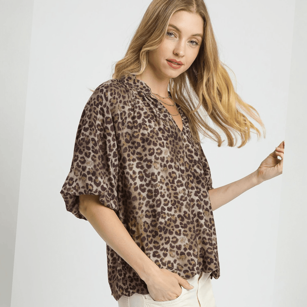 Leopard Print V Neck Balloon Short Sleeves Top - 260 Broadway Boutique