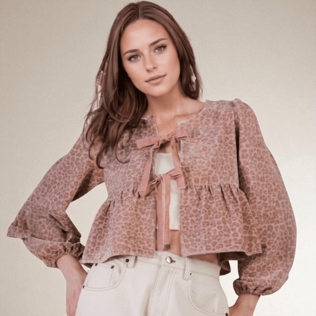 Leopard Printed Front Tie Woven Blouse Top - 260 Broadway Boutique