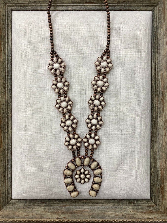 Let's Go To The Stockyards White Howlite Squash Blossom Copper Navajo Pearl Necklace - 260 Broadway Boutique