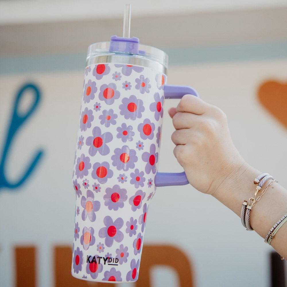 Lilac Floral Insulated Tumbler Cup w/ Handle - 260 Broadway Boutique