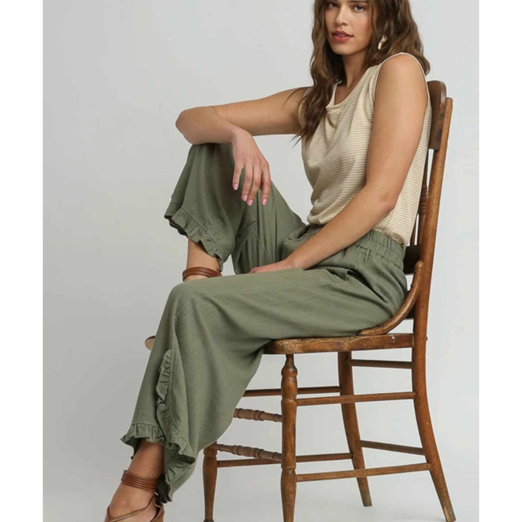 Linen Blend Elastic Waist Ruffle Hem Pants with Pockets - 260 Broadway Boutique