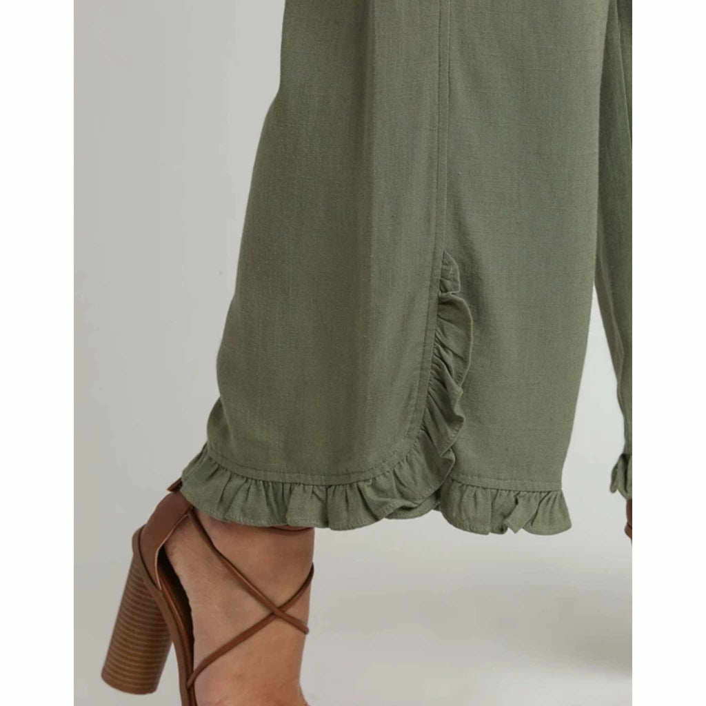 Linen Blend Elastic Waist Ruffle Hem Pants with Pockets - 260 Broadway Boutique