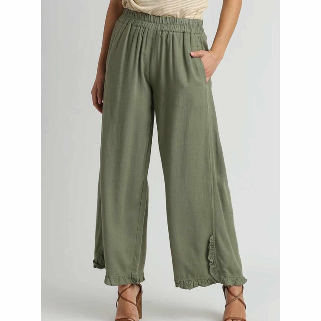 Linen Blend Elastic Waist Ruffle Hem Pants with Pockets - 260 Broadway Boutique