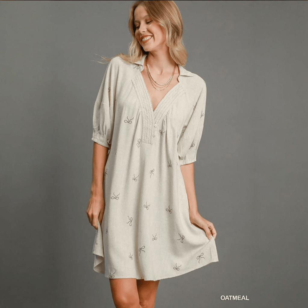 Linen Blend Embroidered Henley Dress (2 Colors) - 260 Broadway Boutique