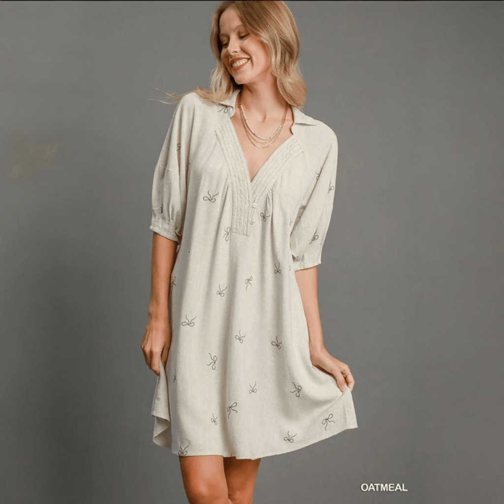 Linen Blend Embroidered Henley Dress (2 Colors) - 260 Broadway Boutique